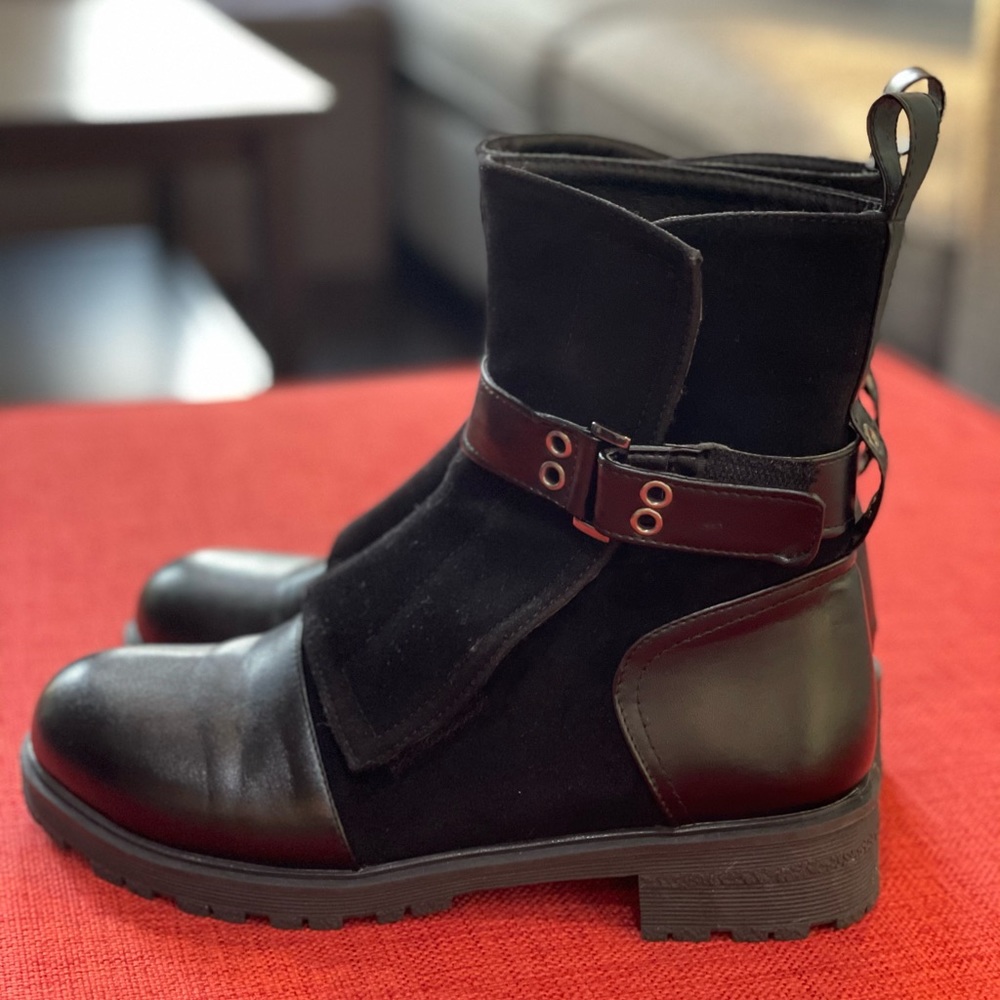 Belted Faux Leather Biker Boots